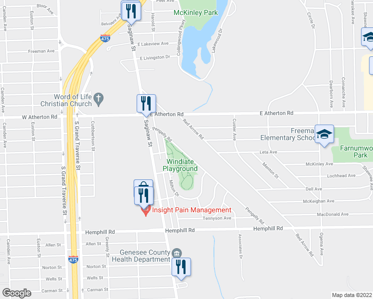 map of restaurants, bars, coffee shops, grocery stores, and more near 4017 Pengelly Road in Flint