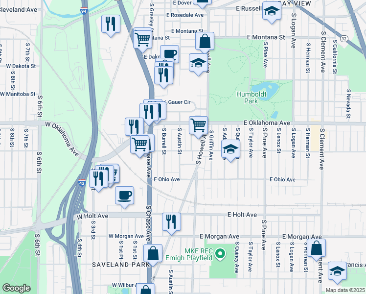 map of restaurants, bars, coffee shops, grocery stores, and more near 3166 South Austin Street in Milwaukee