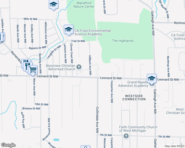 map of restaurants, bars, coffee shops, grocery stores, and more near 1220 Hillburn Avenue Northwest in Grand Rapids
