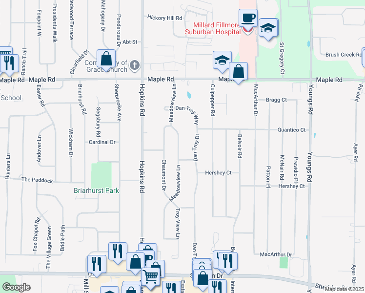 map of restaurants, bars, coffee shops, grocery stores, and more near 103 Meadowview Lane in Buffalo