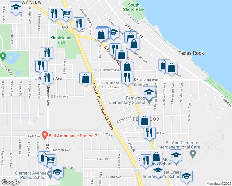 map of restaurants, bars, coffee shops, grocery stores, and more near 1933 E Hillcrest Ave in Milwaukee