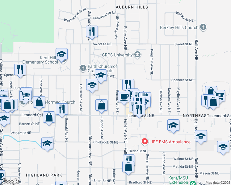 map of restaurants, bars, coffee shops, grocery stores, and more near 1323 Herrick Avenue Northeast in Grand Rapids
