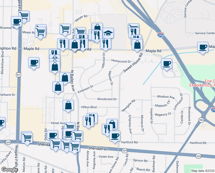 map of restaurants, bars, coffee shops, grocery stores, and more near 621 Emerson Drive in Buffalo