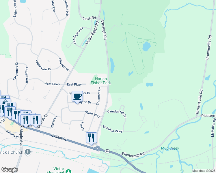 map of restaurants, bars, coffee shops, grocery stores, and more near 50 Lynaugh Road in Victor