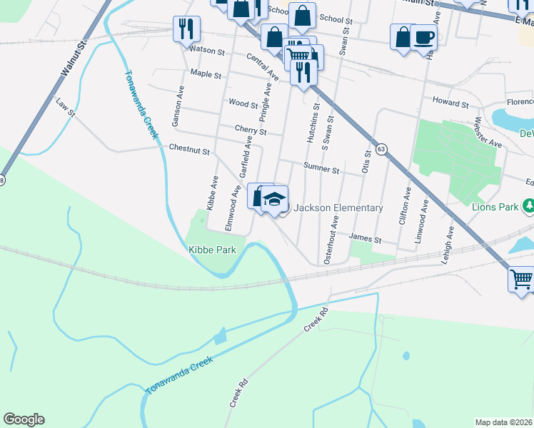 map of restaurants, bars, coffee shops, grocery stores, and more near South Jackson Street in Batavia