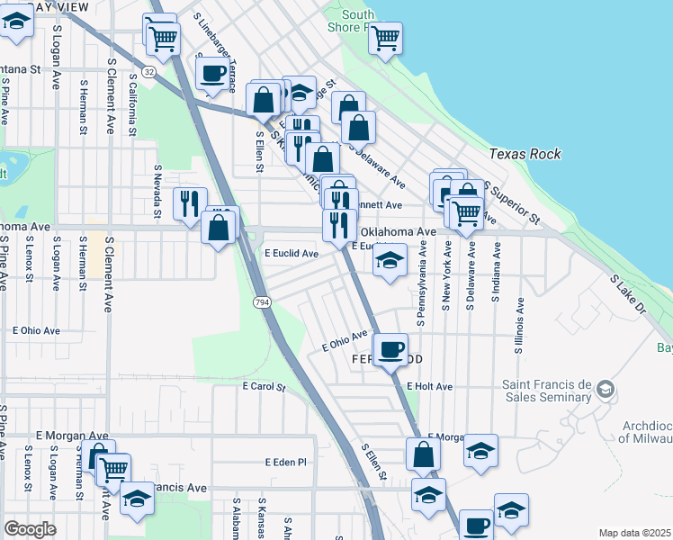 map of restaurants, bars, coffee shops, grocery stores, and more near 2112 East Fernwood Avenue in Milwaukee
