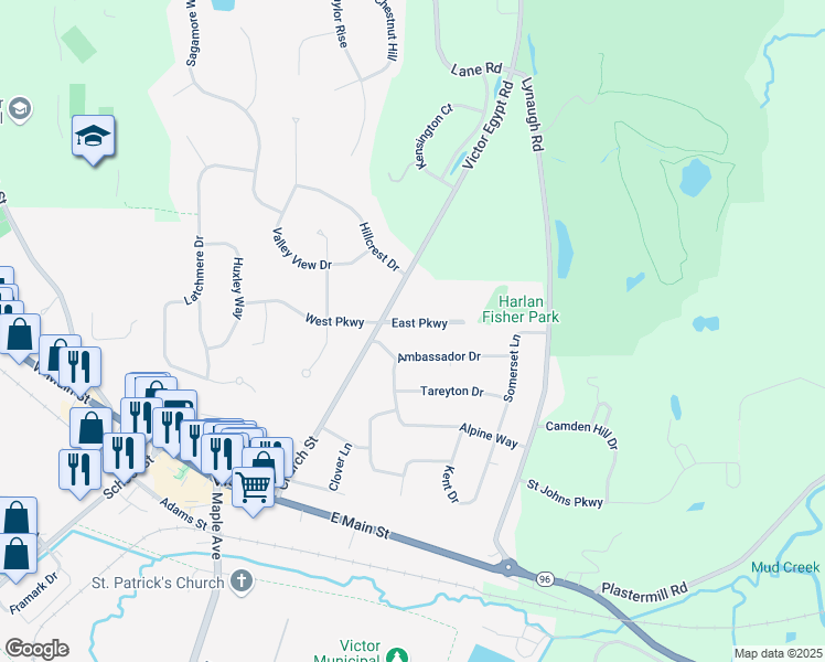 map of restaurants, bars, coffee shops, grocery stores, and more near 48 East Parkway in Victor