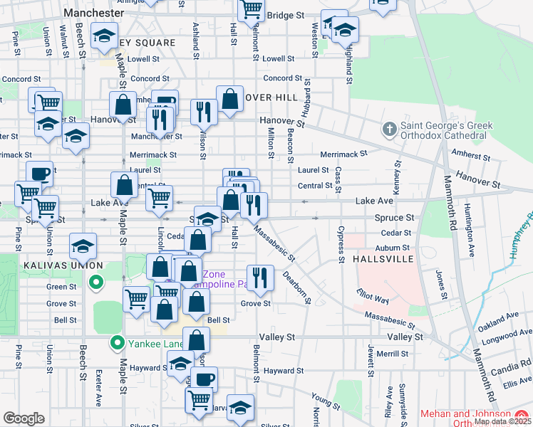 map of restaurants, bars, coffee shops, grocery stores, and more near 437 Belmont Street in Manchester