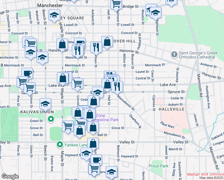 map of restaurants, bars, coffee shops, grocery stores, and more near 425 Lake Avenue in Manchester