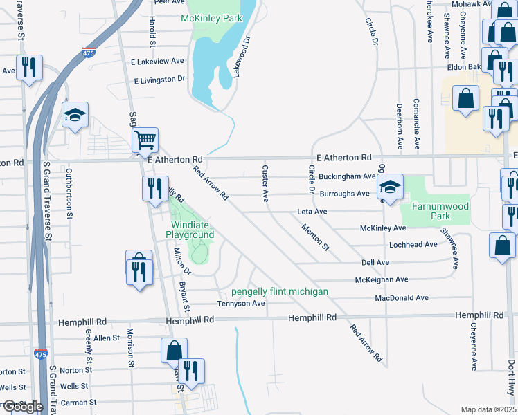 map of restaurants, bars, coffee shops, grocery stores, and more near 329 Leta Avenue in Flint