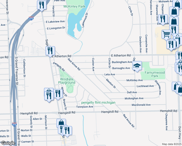 map of restaurants, bars, coffee shops, grocery stores, and more near 329 Leta Avenue in Flint