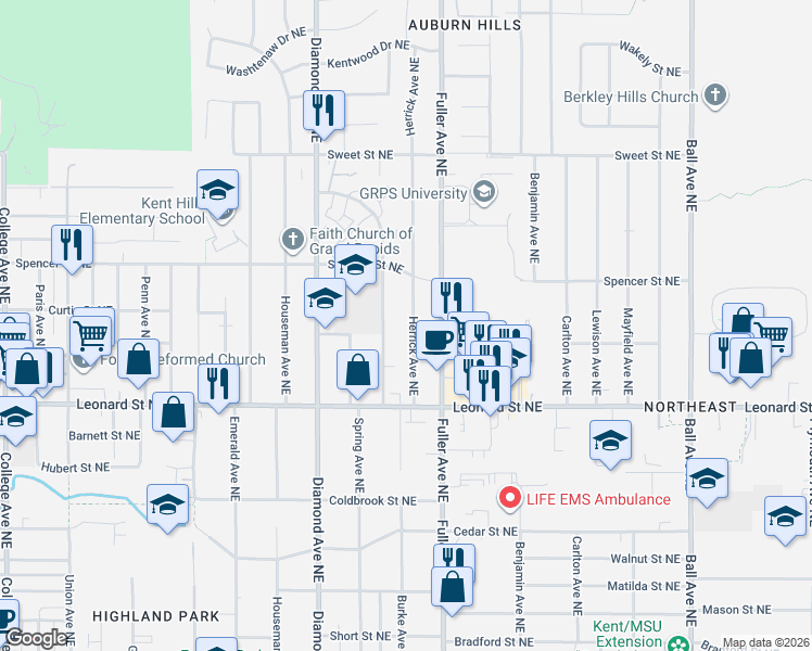 map of restaurants, bars, coffee shops, grocery stores, and more near 1323 Herrick Avenue Northeast in Grand Rapids
