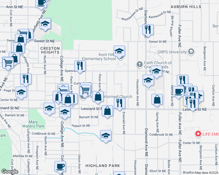map of restaurants, bars, coffee shops, grocery stores, and more near 1322 Portland Avenue Northeast in Grand Rapids