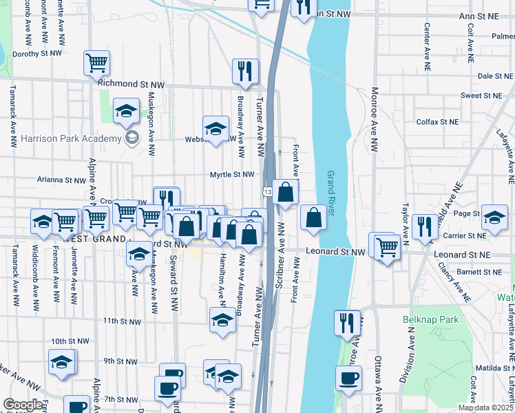 map of restaurants, bars, coffee shops, grocery stores, and more near 1308 Broadway Avenue Northwest in Grand Rapids