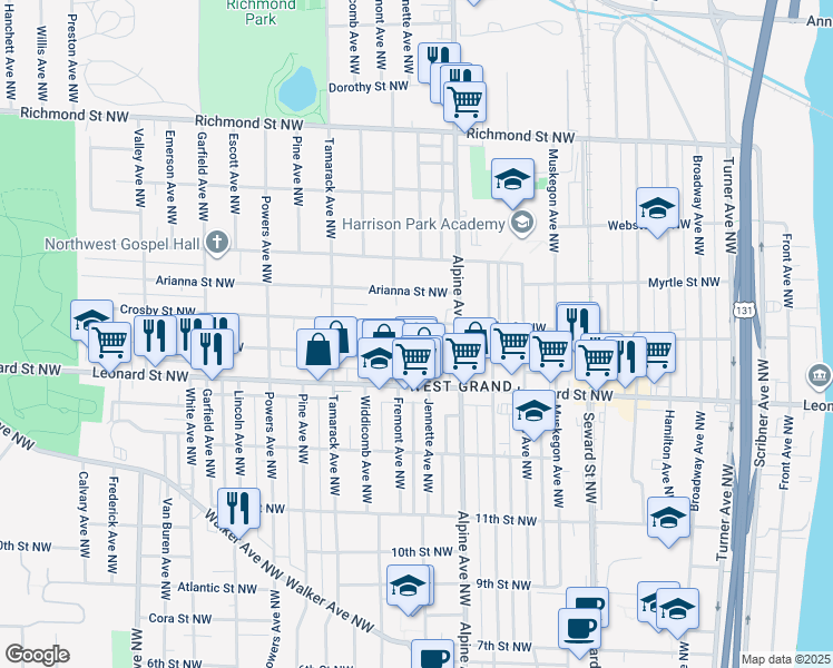 map of restaurants, bars, coffee shops, grocery stores, and more near 858 Crosby Street Northwest in Grand Rapids