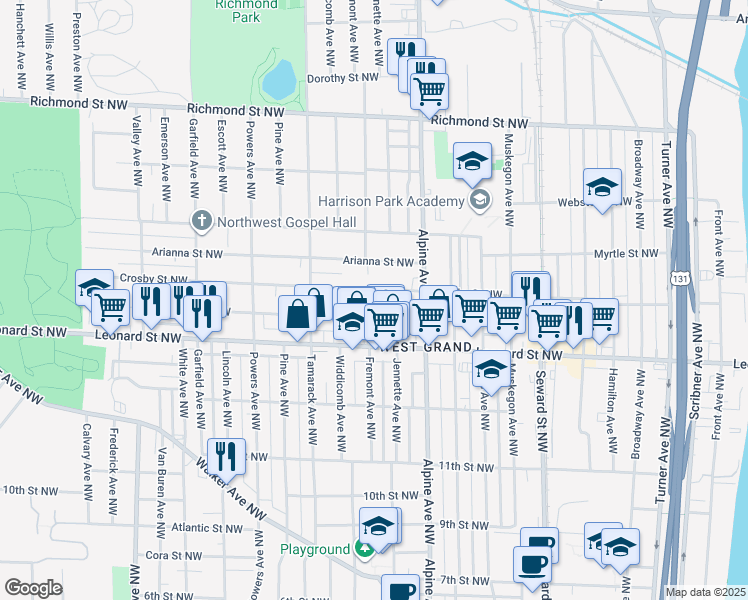 map of restaurants, bars, coffee shops, grocery stores, and more near 858 Crosby Street Northwest in Grand Rapids