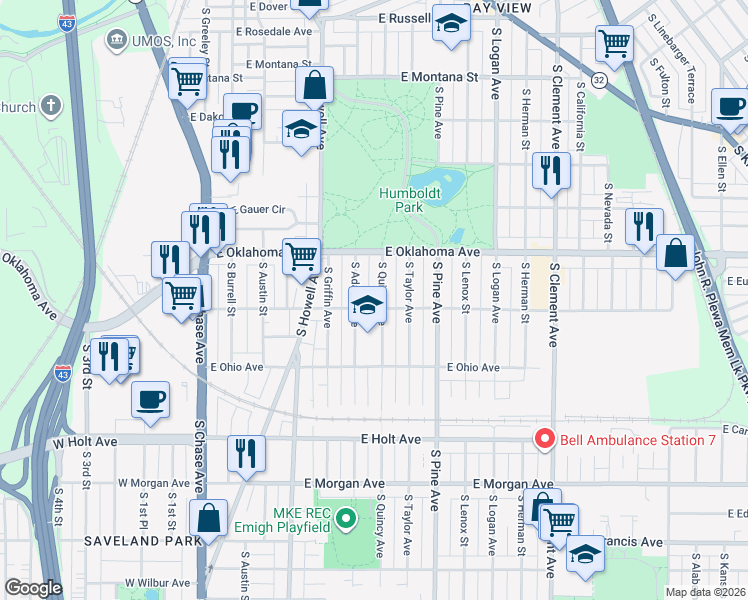map of restaurants, bars, coffee shops, grocery stores, and more near 3156 South Quincy Avenue in Milwaukee