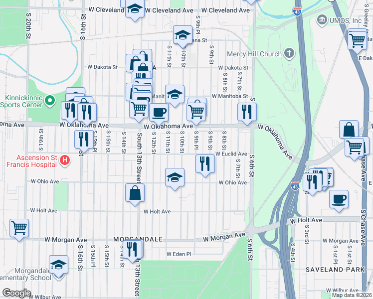 map of restaurants, bars, coffee shops, grocery stores, and more near 3157 South 10th Street in Milwaukee