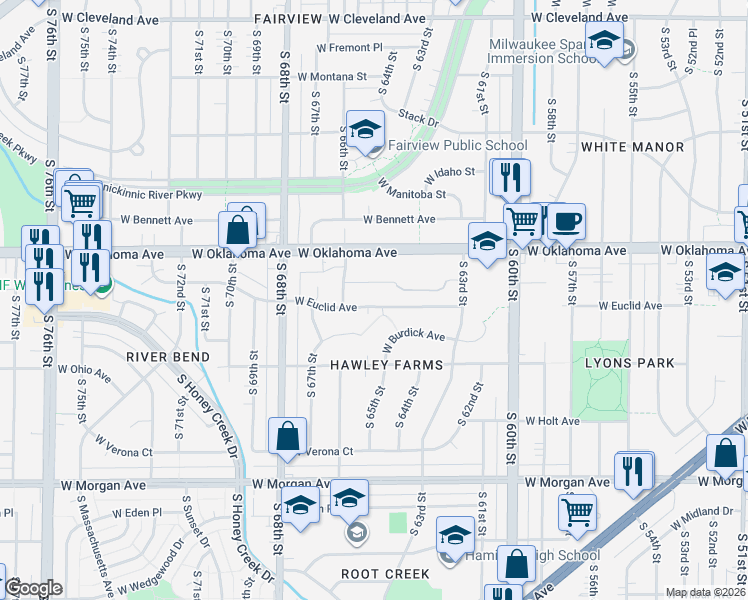 map of restaurants, bars, coffee shops, grocery stores, and more near 6537 West Lakefield Drive in Milwaukee