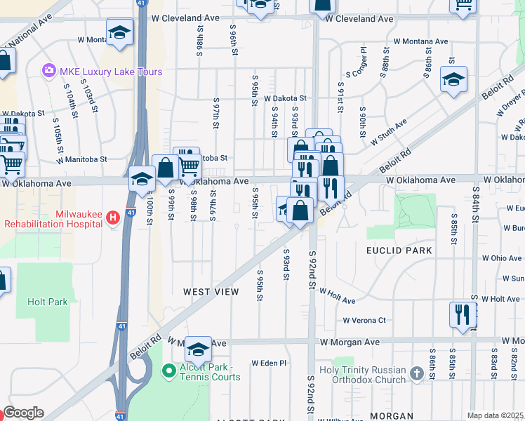 map of restaurants, bars, coffee shops, grocery stores, and more near 3146 South 95th Street in Milwaukee