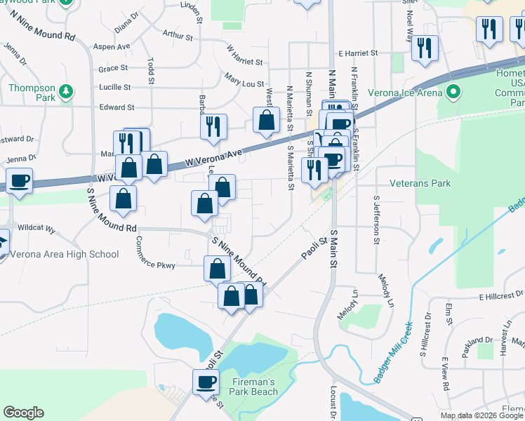 map of restaurants, bars, coffee shops, grocery stores, and more near 205 Industrial Drive in Verona