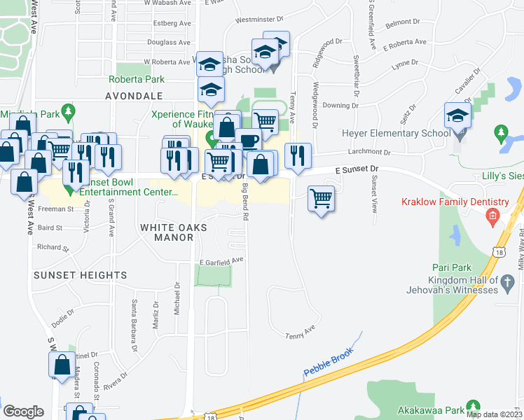 map of restaurants, bars, coffee shops, grocery stores, and more near 1431 Big Bend Road in Waukesha