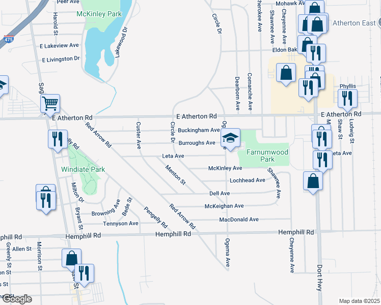 map of restaurants, bars, coffee shops, grocery stores, and more near 523 Leta Avenue in Flint