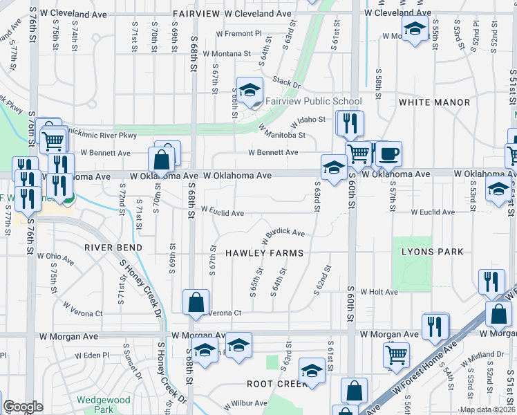 map of restaurants, bars, coffee shops, grocery stores, and more near 6441 West Lakefield Drive in Milwaukee