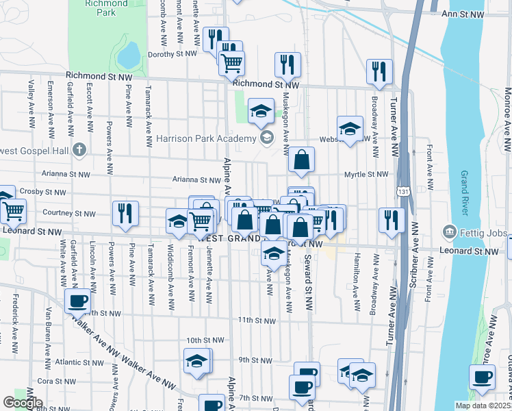 map of restaurants, bars, coffee shops, grocery stores, and more near 716 Crosby Street Northwest in Grand Rapids