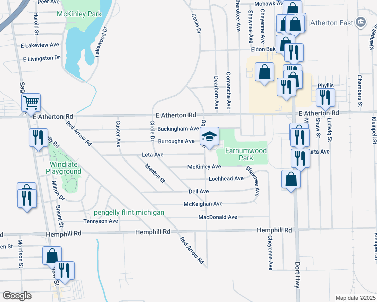 map of restaurants, bars, coffee shops, grocery stores, and more near 613 Leta Avenue in Flint