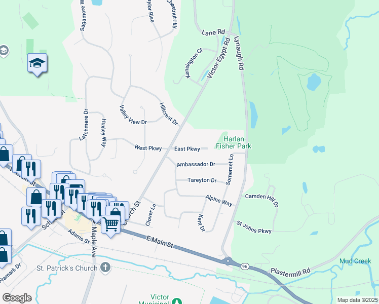 map of restaurants, bars, coffee shops, grocery stores, and more near 48 East Parkway in Victor