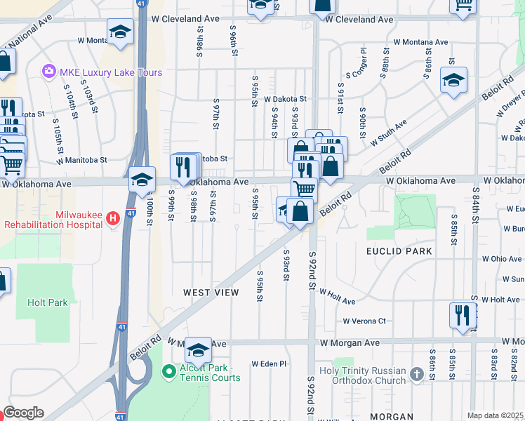 map of restaurants, bars, coffee shops, grocery stores, and more near 3146 South 95th Street in Milwaukee