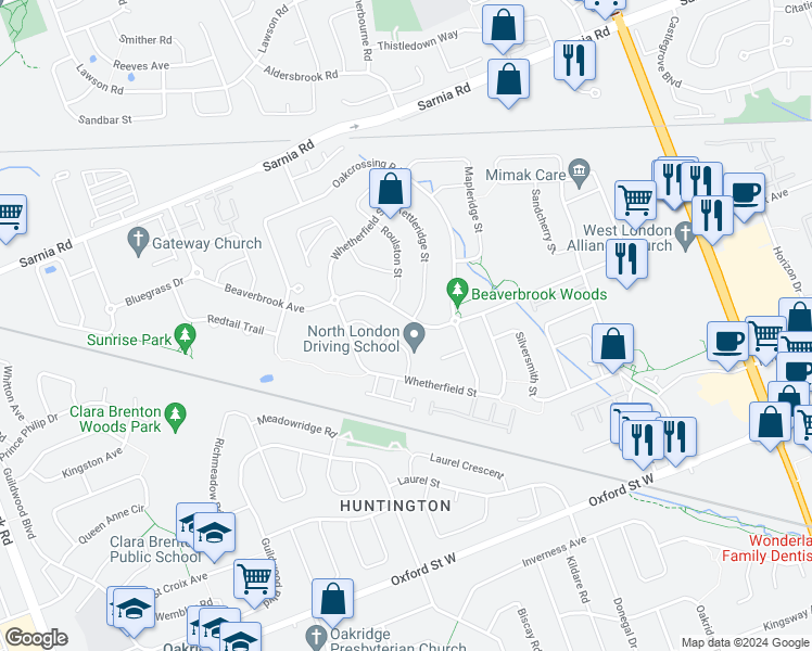 map of restaurants, bars, coffee shops, grocery stores, and more near 1690 Beaverbrook Avenue in London