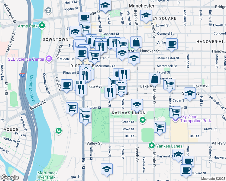map of restaurants, bars, coffee shops, grocery stores, and more near 261 Pine Street in Manchester