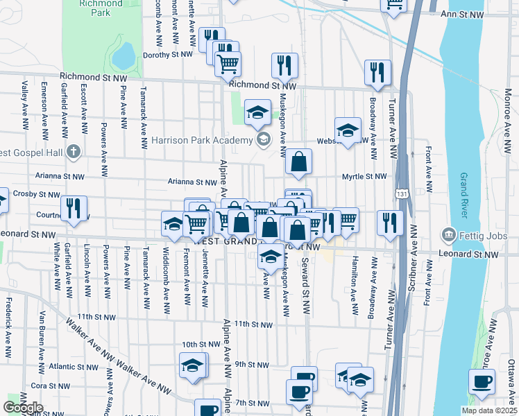 map of restaurants, bars, coffee shops, grocery stores, and more near 1257 Davis Avenue Northwest in Grand Rapids