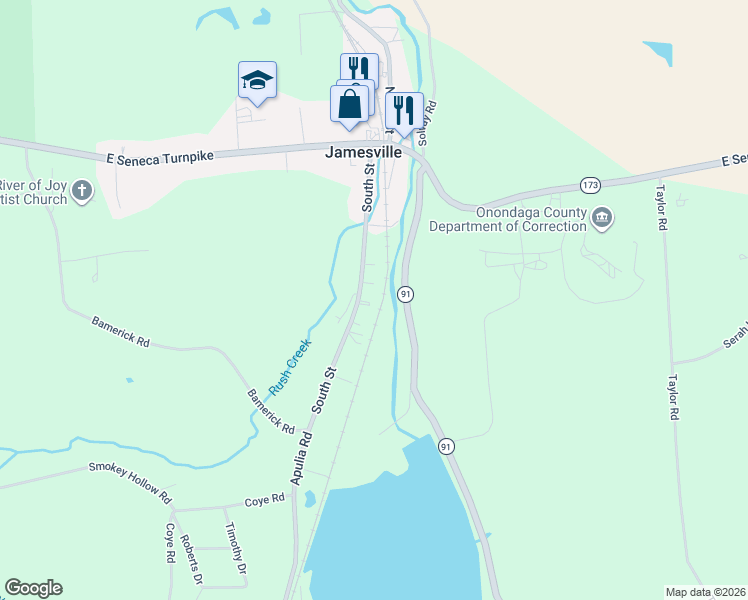 map of restaurants, bars, coffee shops, grocery stores, and more near 4444 Apulia Road in Jamesville