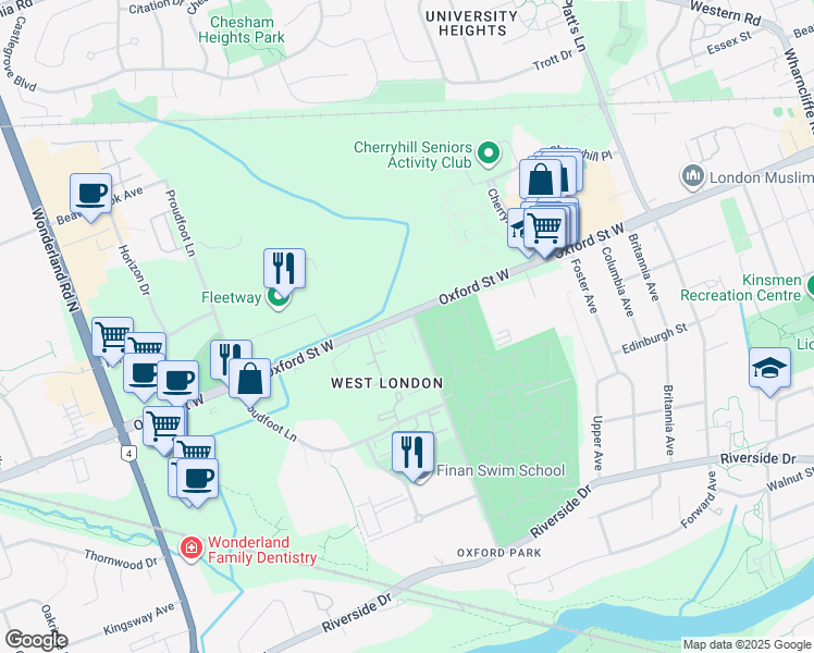 map of restaurants, bars, coffee shops, grocery stores, and more near 356 Oxford Street West in London
