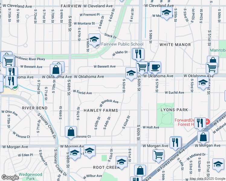 map of restaurants, bars, coffee shops, grocery stores, and more near 6348-6350 West Euclid Avenue in Milwaukee