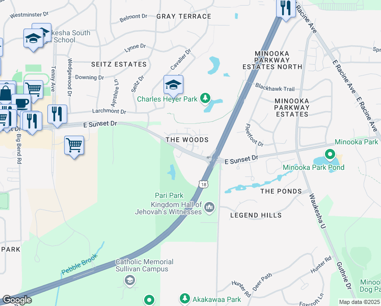 map of restaurants, bars, coffee shops, grocery stores, and more near E Sunset Dr & Camden Way in Waukesha