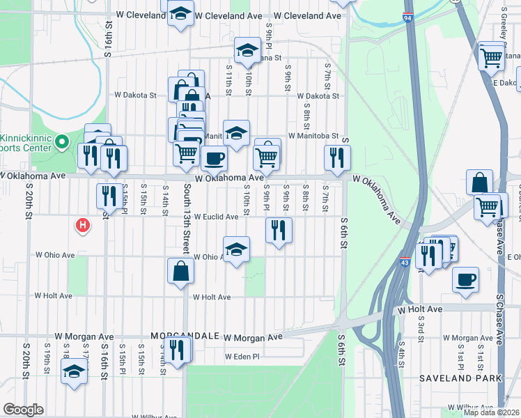map of restaurants, bars, coffee shops, grocery stores, and more near 3157 South 9th Place in Milwaukee