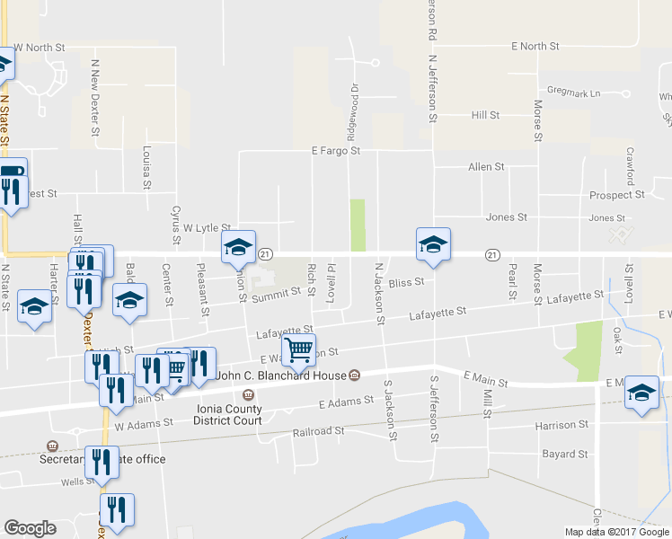 map of restaurants, bars, coffee shops, grocery stores, and more near 48 Lovell Place in Ionia