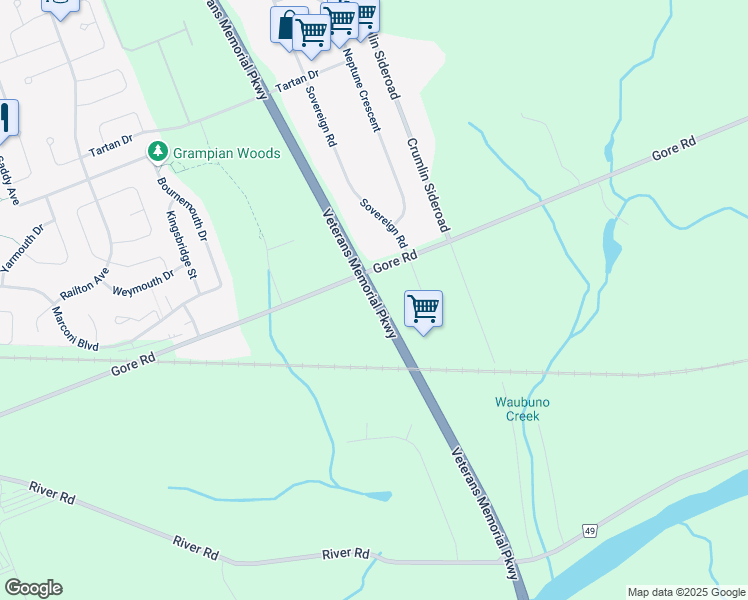 map of restaurants, bars, coffee shops, grocery stores, and more near Veterans Memorial Parkway in London
