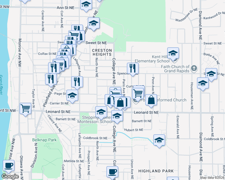 map of restaurants, bars, coffee shops, grocery stores, and more near 1315 College Avenue Northeast in Grand Rapids