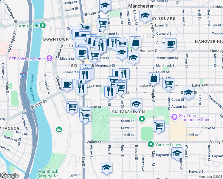 map of restaurants, bars, coffee shops, grocery stores, and more near 261 Pine Street in Manchester
