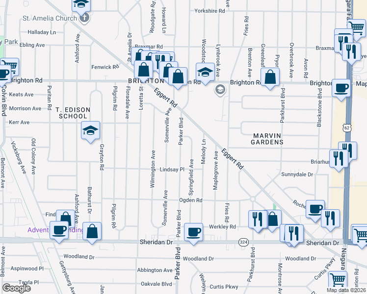 map of restaurants, bars, coffee shops, grocery stores, and more near 1739 Parker Boulevard in Tonawanda