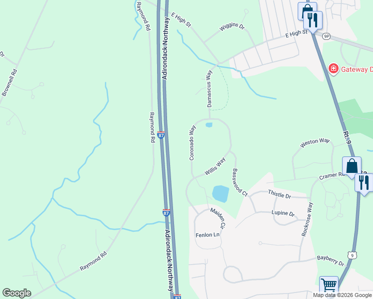 map of restaurants, bars, coffee shops, grocery stores, and more near 15 Coronado Way in Ballston Spa