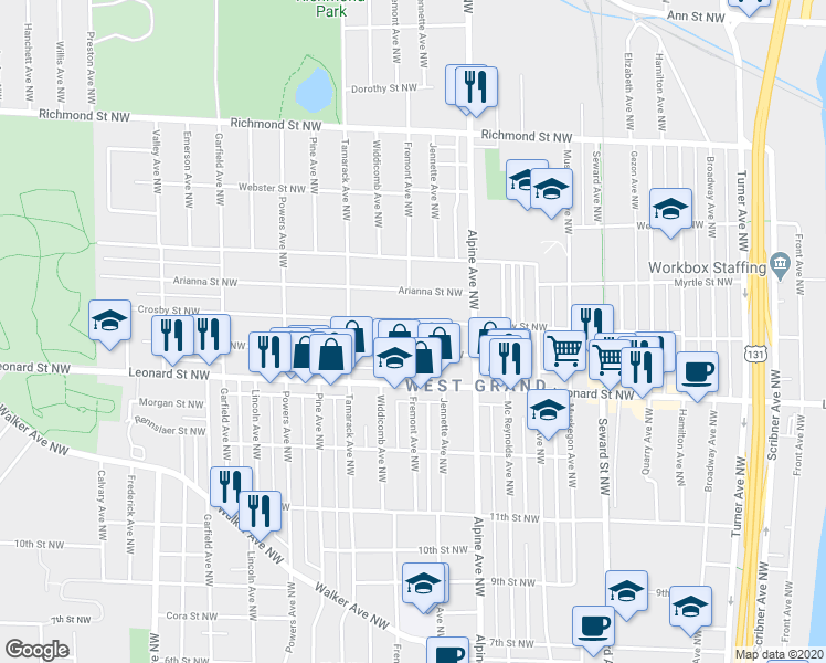 map of restaurants, bars, coffee shops, grocery stores, and more near 858 Crosby Street Northwest in Grand Rapids