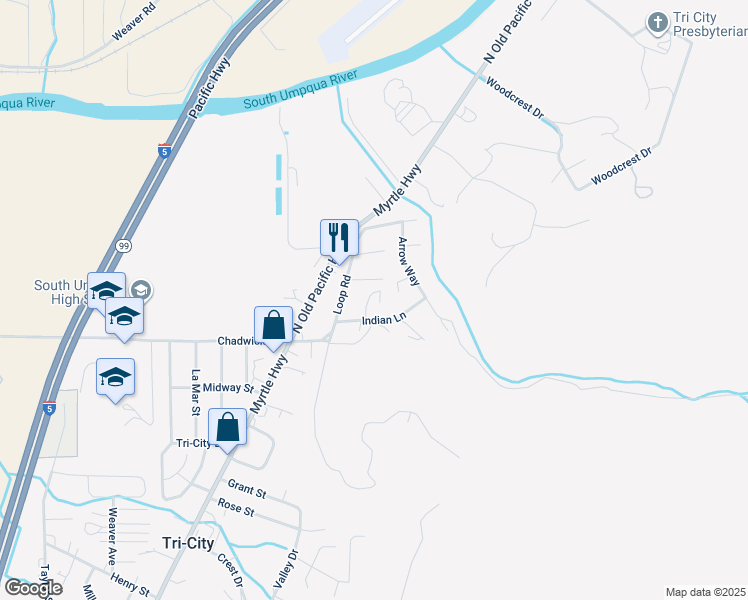map of restaurants, bars, coffee shops, grocery stores, and more near 157 Broken Bow Court in Myrtle Creek