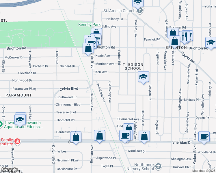 map of restaurants, bars, coffee shops, grocery stores, and more near 36 Rye Place in Tonawanda