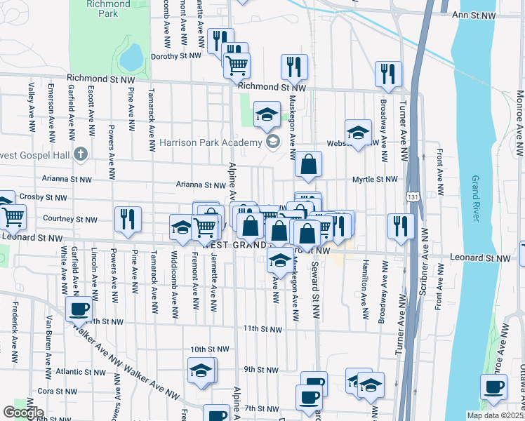 map of restaurants, bars, coffee shops, grocery stores, and more near 718 Crosby Street Northwest in Grand Rapids